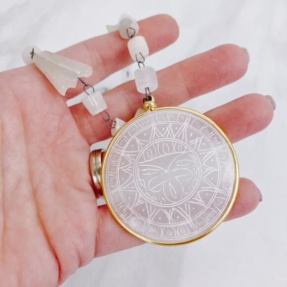 Vintage Aztec Sun Pendant Necklace, White Glass Silver Tone Metal Linked Beads - Picture 5 of 10